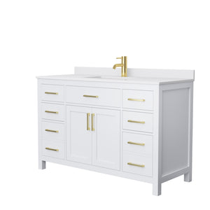 Beckett 54 Inch Single Bathroom Vanity in White White Cultured Marble Countertop Undermount Square Sink Brushed Gold Trim