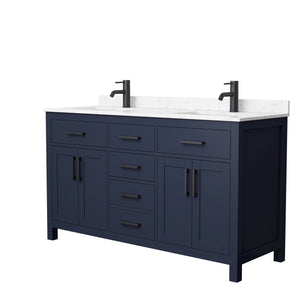 Beckett 60 Inch Double Bathroom Vanity in Dark Blue Carrara Cultured Marble Countertop Undermount Square Sinks Matte Black Trim