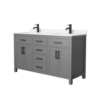 Beckett 60 Inch Double Bathroom Vanity in Dark Gray Carrara Cultured Marble Countertop Undermount Square Sinks Matte Black Trim