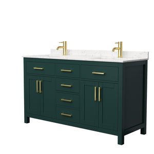 Beckett 60 Inch Double Bathroom Vanity in Green Carrara Cultured Marble Countertop Undermount Square Sinks Brushed Gold Trim