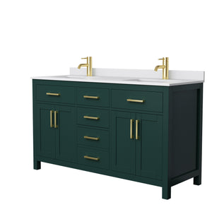 Beckett 60 Inch Double Bathroom Vanity in Green White Cultured Marble Countertop Undermount Square Sinks Brushed Gold Trim