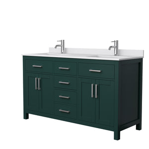 Beckett 60 Inch Double Bathroom Vanity in Green White Cultured Marble Countertop Undermount Square Sinks Brushed Nickel Trim
