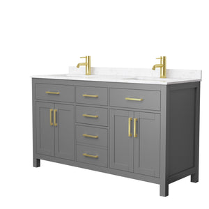 Beckett 60 Inch Double Bathroom Vanity in Dark Gray Carrara Cultured Marble Countertop Undermount Square Sinks Brushed Gold Trim