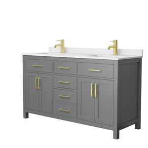 Beckett 60 Inch Double Bathroom Vanity in Dark Gray White Cultured Marble Countertop Undermount Square Sinks Brushed Gold Trim