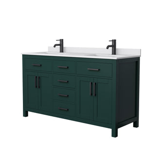 Beckett 60 Inch Double Bathroom Vanity in Green White Cultured Marble Countertop Undermount Square Sinks Matte Black Trim