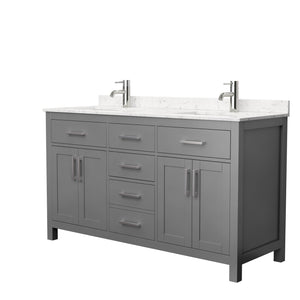 Beckett 60 Inch Double Bathroom Vanity in Dark Gray Carrara Cultured Marble Countertop Undermount Square Sinks No Mirror