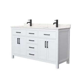 Beckett 60 Inch Double Bathroom Vanity in White Carrara Cultured Marble Countertop Undermount Square Sinks Matte Black Trim