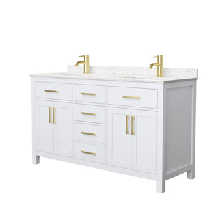 Beckett 60 Inch Double Bathroom Vanity in White Carrara Cultured Marble Countertop Undermount Square Sinks Brushed Gold Trim
