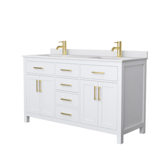 Beckett 60 Inch Double Bathroom Vanity in White White Cultured Marble Countertop Undermount Square Sinks Brushed Gold Trim