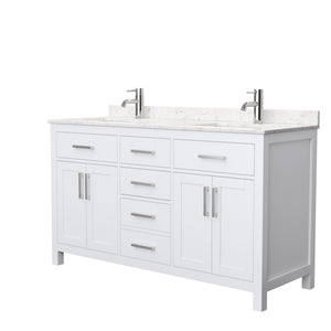 Beckett 60 Inch Double Bathroom Vanity in White Carrara Cultured Marble Countertop Undermount Square Sinks No Mirror
