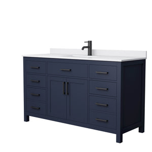 Beckett 60 Inch Single Bathroom Vanity in Dark Blue White Cultured Marble Countertop Undermount Square Sink Matte Black Trim