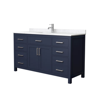 Beckett 60 Inch Single Bathroom Vanity in Dark Blue Carrara Cultured Marble Countertop Undermount Square Sink Brushed Nickel Trim