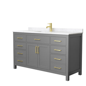 Beckett 60 Inch Single Bathroom Vanity in Dark Gray Carrara Cultured Marble Countertop Undermount Square Sink Brushed Gold Trim