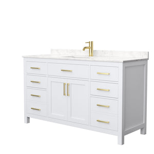 Beckett 60 Inch Single Bathroom Vanity in White Carrara Cultured Marble Countertop Undermount Square Sink Brushed Gold Trim