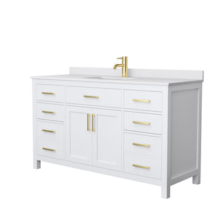 Beckett 60 Inch Single Bathroom Vanity in White White Cultured Marble Countertop Undermount Square Sink Brushed Gold Trim