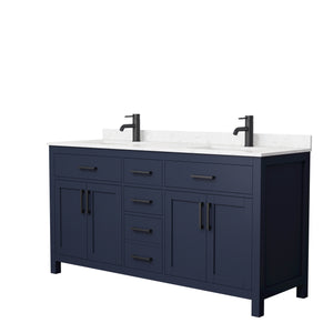 Beckett 66 Inch Double Bathroom Vanity in Dark Blue Carrara Cultured Marble Countertop Undermount Square Sinks Matte Black Trim