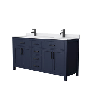 Beckett 66 Inch Double Bathroom Vanity in Dark Blue White Cultured Marble Countertop Undermount Square Sinks Matte Black Trim