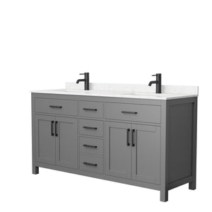 Beckett 66 Inch Double Bathroom Vanity in Dark Gray Carrara Cultured Marble Countertop Undermount Square Sinks Matte Black Trim