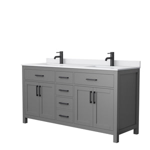 Beckett 66 Inch Double Bathroom Vanity in Dark Gray White Cultured Marble Countertop Undermount Square Sinks Matte Black Trim