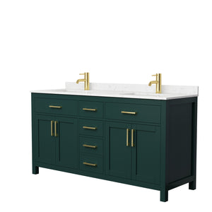 Beckett 66 Inch Double Bathroom Vanity in Green Carrara Cultured Marble Countertop Undermount Square Sinks Brushed Gold Trim