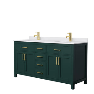 Beckett 66 Inch Double Bathroom Vanity in Green White Cultured Marble Countertop Undermount Square Sinks Brushed Gold Trim