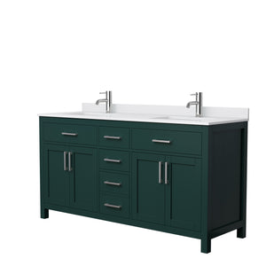 Beckett 66 Inch Double Bathroom Vanity in Green White Cultured Marble Countertop Undermount Square Sinks Brushed Nickel Trim
