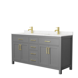 Beckett 66 Inch Double Bathroom Vanity in Dark Gray Carrara Cultured Marble Countertop Undermount Square Sinks Brushed Gold Trim