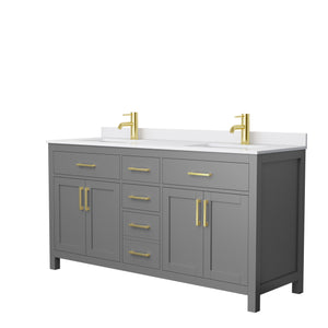 Beckett 66 Inch Double Bathroom Vanity in Dark Gray White Cultured Marble Countertop Undermount Square Sinks Brushed Gold Trim