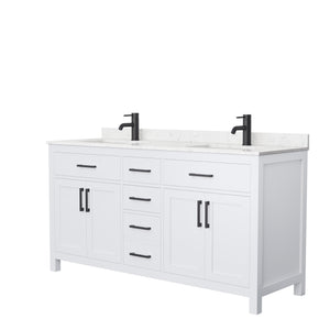 Beckett 66 Inch Double Bathroom Vanity in White Carrara Cultured Marble Countertop Undermount Square Sinks Matte Black Trim