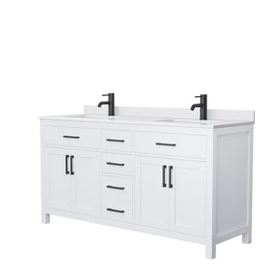 Beckett 66 Inch Double Bathroom Vanity in White White Cultured Marble Countertop Undermount Square Sinks Matte Black Trim