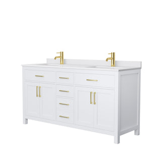 Beckett 66 Inch Double Bathroom Vanity in White White Cultured Marble Countertop Undermount Square Sinks Brushed Gold Trim