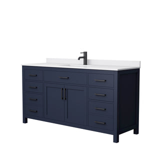 Beckett 66 Inch Single Bathroom Vanity in Dark Blue White Cultured Marble Countertop Undermount Square Sink Matte Black Trim