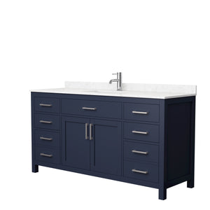 Beckett 66 Inch Single Bathroom Vanity in Dark Blue Carrara Cultured Marble Countertop Undermount Square Sink Brushed Nickel Trim