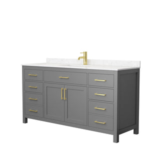 Beckett 66 Inch Single Bathroom Vanity in Dark Gray Carrara Cultured Marble Countertop Undermount Square Sink Brushed Gold Trim
