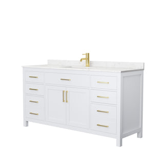 Beckett 66 Inch Single Bathroom Vanity in White Carrara Cultured Marble Countertop Undermount Square Sink Brushed Gold Trim