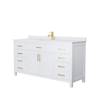 Beckett 66 Inch Single Bathroom Vanity in White White Cultured Marble Countertop Undermount Square Sink Brushed Gold Trim