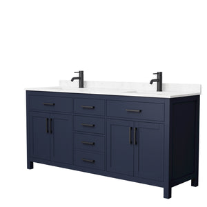 Beckett 72 Inch Double Bathroom Vanity in Dark Blue Carrara Cultured Marble Countertop Undermount Square Sinks Matte Black Trim