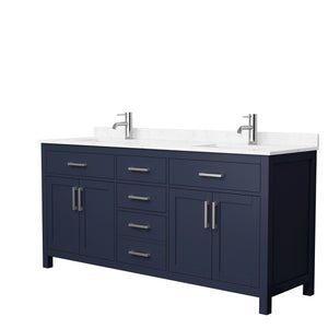 Beckett 72 Inch Double Bathroom Vanity in Dark Blue Carrara Cultured Marble Countertop Undermount Square Sinks Brushed Nickel Trim