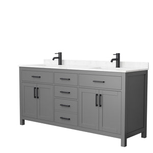 Beckett 72 Inch Double Bathroom Vanity in Dark Gray Carrara Cultured Marble Countertop Undermount Square Sinks Matte Black Trim