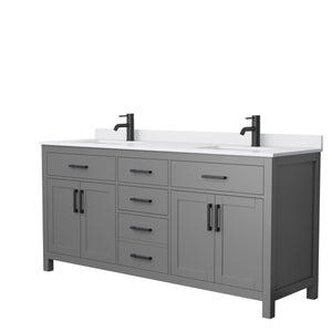 Beckett 72 Inch Double Bathroom Vanity in Dark Gray White Cultured Marble Countertop Undermount Square Sinks Matte Black Trim