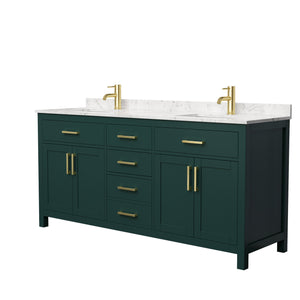 Beckett 72 Inch Double Bathroom Vanity in Green Carrara Cultured Marble Countertop Undermount Square Sinks Brushed Gold Trim