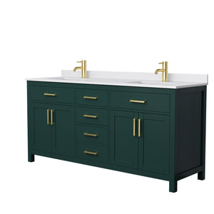 Beckett 72 Inch Double Bathroom Vanity in Green White Cultured Marble Countertop Undermount Square Sinks Brushed Gold Trim
