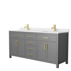 Beckett 72 Inch Double Bathroom Vanity in Dark Gray White Cultured Marble Countertop Undermount Square Sinks Brushed Gold Trim