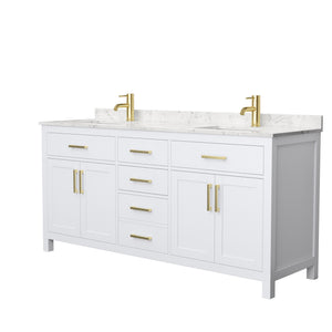 Beckett 72 Inch Double Bathroom Vanity in White Carrara Cultured Marble Countertop Undermount Square Sinks Brushed Gold Trim