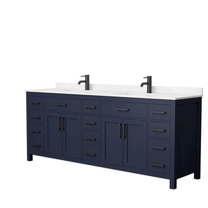 Beckett 84 Inch Double Bathroom Vanity in Dark Blue Carrara Cultured Marble Countertop Undermount Square Sinks Matte Black Trim