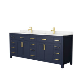 Beckett 84 Inch Double Bathroom Vanity in Dark Blue Carrara Cultured Marble Countertop Undermount Square Sinks No Mirror