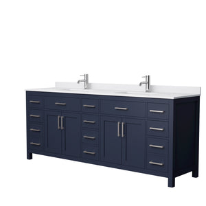 Beckett 84 Inch Double Bathroom Vanity in Dark Blue White Cultured Marble Countertop Undermount Square Sinks Brushed Nickel Trim
