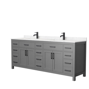 Beckett 84 Inch Double Bathroom Vanity in Dark Gray Carrara Cultured Marble Countertop Undermount Square Sinks Matte Black Trim