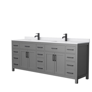 Beckett 84 Inch Double Bathroom Vanity in Dark Gray White Cultured Marble Countertop Undermount Square Sinks Matte Black Trim
