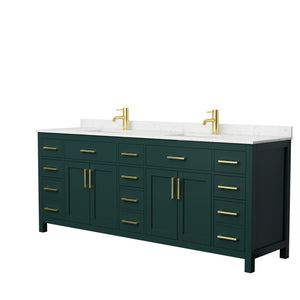 Beckett 84 Inch Double Bathroom Vanity in Green Carrara Cultured Marble Countertop Undermount Square Sinks Brushed Gold Trim